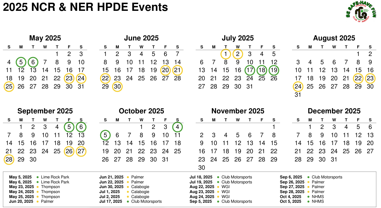 2025NCR NER HPDE Events Schedule